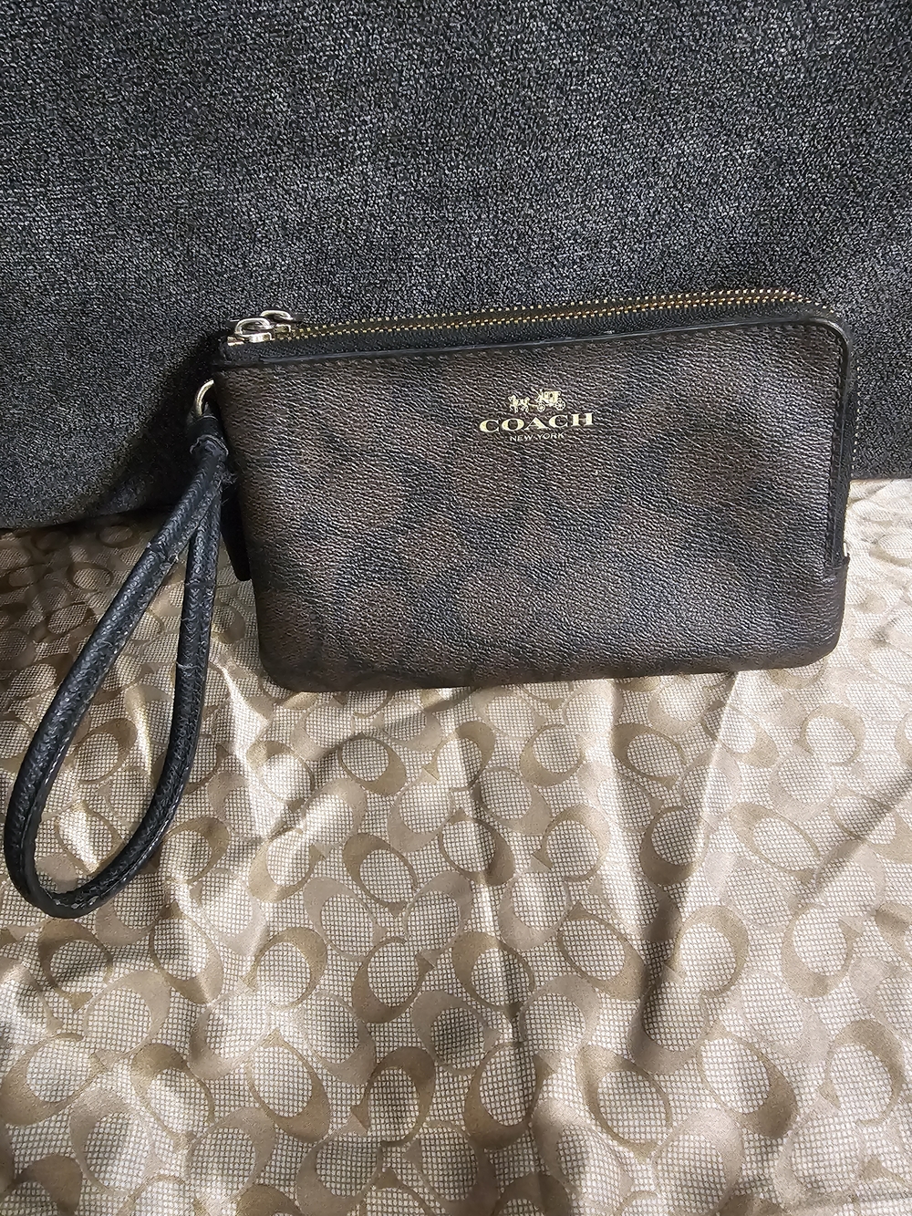 Coach Brown Signature Wristlet with Gold Logo